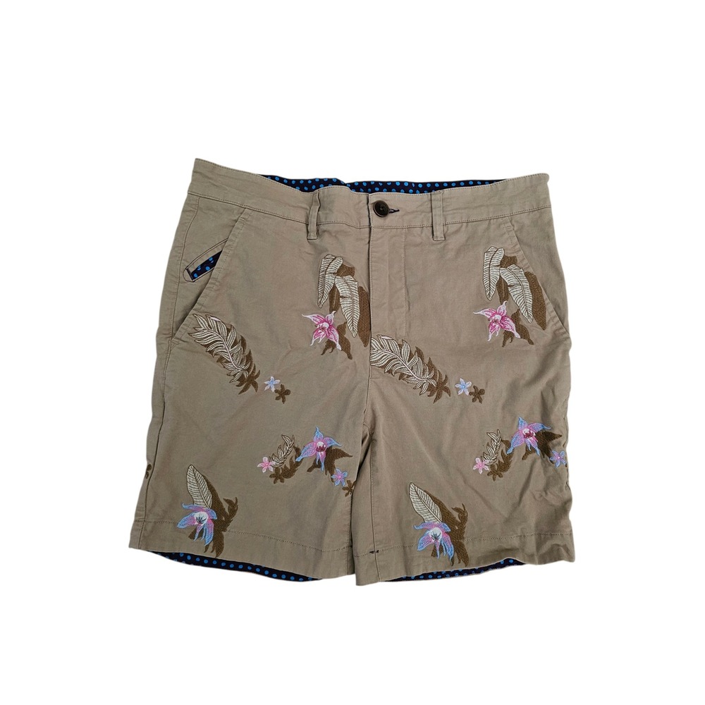 Lords of Harlech Edward Flower Embroidery Shorts Sand Tan Mens 30W Floral Chino